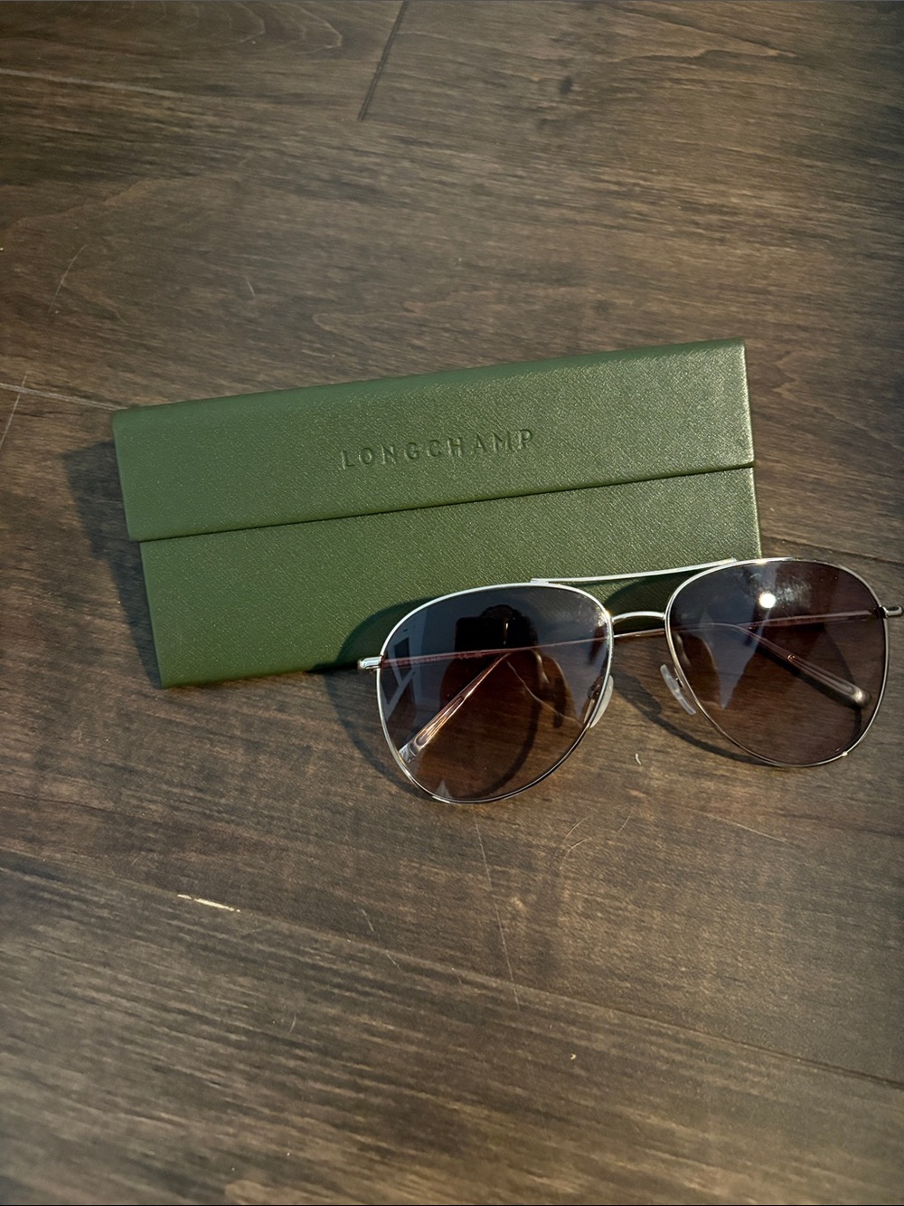 Longchamp woman’s Aviator Sunglasses in Silver with Brown Lenses